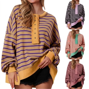 เสื้อสเวตเชิ้ตคอกลมลายทางโอเวอร์ไซส์สำหรับผู้หญิง แขนยาว สวมใส่สบาย ผ้าโพลีเอสเตอร์เนื้อนุ่ม สไตล์วินเทจ สตรีทแวร์ แฟชั่นฤดูใบไม้ร่วงและฤดูหนาว - Product Image 6
