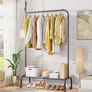 Perchero Metálico Minimalista con Ruedas, Estante de Almacenamiento de Dos Niveles, Diseño Multifuncional Vertical - Product Image 1