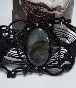 Black Macrame Labradorite Statement Cuff <b>Bracelet</b> Handmade Boho Healing Crystal <b>Adjustable</b> Cord Beaded Jewelry Wholesale - Product Image 1