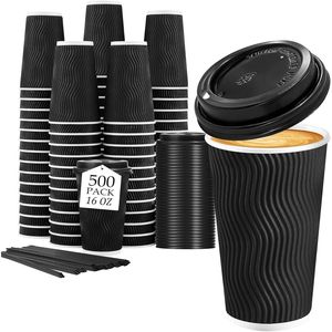 Bicchieri da Caffè Usa e Getta Isolati da 16 oz con Coperchi, Confezione da 500, Bicchieri in Carta Ondulata e Cannucce per Bevande Calde da Asporto - Product Image 1