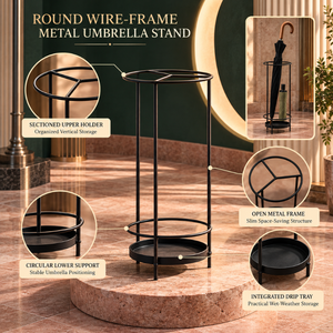 Porte-parapluie moderne en métal avec cadre en fil métallique rond et plateau anti-gouttes |   Porte-parapluie fin en acier noir pour la maison, le bureau, l'hôtel, l'entrée - Product Image 5