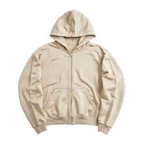 Sudadera con capucha para hombre, beige liso, con cremallera completa, de algodón grueso, forro de felpa francesa, con bolsillo frontal a juego - Product Image 1