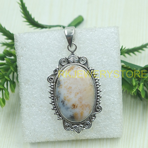 Natural Dendrite <b>Opal</b> Silver Pendant Handmade Vintage Oval Gemstone Jewelry Designer BohoStatement Healing <b>Necklace</b> Gift for Her - Product Image 5
