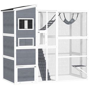 Grande Recinto Esterno in Legno Grigio per Gatti con 4 Livelli di Riposo, 3 Piattaforme, 1 Scala Morbida, 2 Rampe e 1 Amaca - Product Image 1