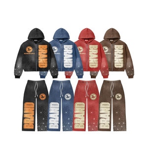 Conjunto de Sudadera con Capucha y Pantalón de Chándal de 2 Piezas, Diseño Personalizado Impreso, Estilo Urbano de Invierno, Algodón Polar Ligero, Efecto Desgastado por el Sol - Product Image 1