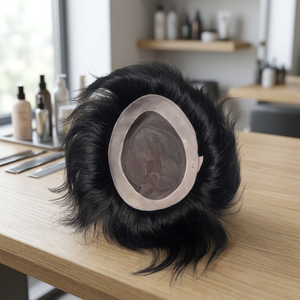 Black Straight Human Hair <b>Half</b> <b>Wig</b> Easy Apply Mono Cap Toupee - Product Image 6