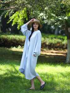 Robe longue décontractée pour femme, coupe classique, 100 % coton, manches longues, style minimaliste, été, écologique, tunique unie teinte - Product Image 5