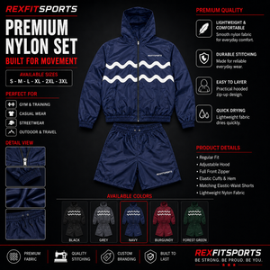 REXFIT SPORTS 2026 Wholesale <b>Men</b>’s Navy Blue Nylon Hooded Windbreaker <b>Jacket</b> and Shorts Set Custom Logo Sportswear - Product Image 1
