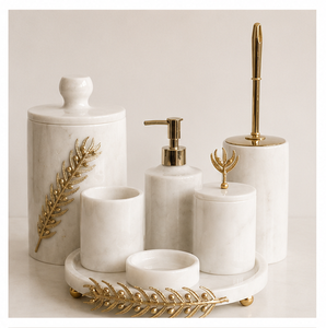 Ensemble d'accessoires de salle de bain en marbre blanc 5 pièces avec décor de branche d'olivier dorée, ensemble de vanité en pierre naturelle artisanale de qualité supérieure pour hôtels - Product Image 5