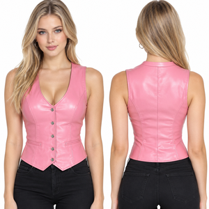 Wholesale Women Pink Faux Leather Vest Custom Logo V-Neck Button Down Biker <b>Waistcoat</b> Ladies Fashion Streetwear Leather Vest - Product Image 1