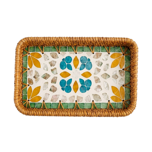 Exquisita bandeja rectangular de ratán con incrustaciones de nácar, mosaico floral amarillo y azul, bandeja de lujo para exhibición de cosméticos, venta al por mayor. - Product Image 1