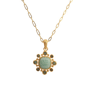 สร้อยคอจี้อะมาโซไนต์ทรงอาร์ตเดโคชุบทอง 18K จาก El Joyero Vintage พร้อมกรอบหินทรงหมอนและโซ่เชื่อมแบบลิงค์ เหมาะสำหรับทั้งชายและหญิง - Product Image 2
