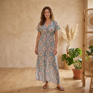 Floral Print V-neck Maxi <b>Dress</b> Boho Style Short Sleeve Loose Fit Summer Casual Woven Rayon Cotton Breathable Eco-Friendly Tassel - Product Image 4