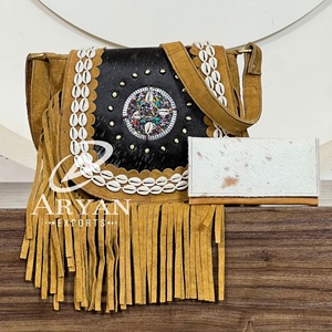 Nuevo en 2026: Conjunto de 2 Piezas de Bolso Bandolera y Cartera de Cuero Vacuno con Flecos y Pelo Genuino de Alta Calidad para Mujer - Product Image 1