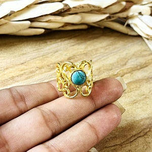 Hot Selling Boho <b>Turquoise</b> <b>Ring</b> Tribal Brass Band Women 18k Gold Plated Vintage Filigree Heart Statement for Wholesale/OEM/ODM - Product Image 2