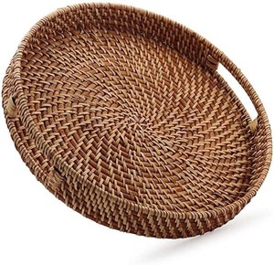 High Quality Customized Sizes Hand-Woven Round Wicker Decorative <b>Basket</b> Rattan Serving <b>Tray</b> with Handles - Product Image 5