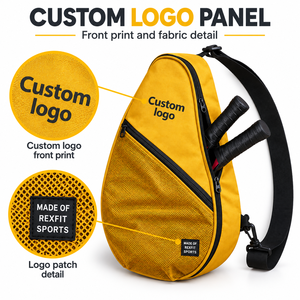 Sac de raquette de squash personnalisé jaune moutarde, forme goutte d'eau, poche avant en maille, bandoulière réglable pour le transport quotidien sur le terrain - Product Image 5