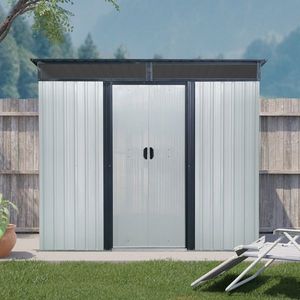 Abri de jardin en métal blanc et noir de 2,4 m x 1,8 m avec portes coulissantes verrouillables et plaque transparente pour jardin et pelouse - Product Image 1