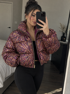 Blouson matelassé à sequins pour femme, col montant, manches classiques, court, printemps, broderie scintillante, motif géométrique - Product Image 2