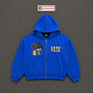 Sweat à capuche zippé bleu décontracté pour homme - Cash Talk - Coupe oversize en polaire brodée pour l'hiver - 100% coton - Product Image 5
