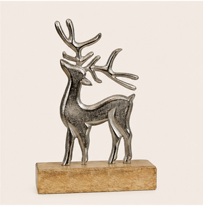 Personalized Metal Stag Christmas Ornament On Wooden Plinth Elegant Silver Deer Statue Centerpiece for Holiday Mantel <b>Decor</b> - Product Image 1