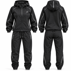 Conjunto Deportivo de Dos Piezas para Mujer, Sudadera con Capucha Negra, Cierre de Cremallera, Resistente al Viento, Manga Larga, Pantalones Deportivos de Color Sólido - Product Image 1