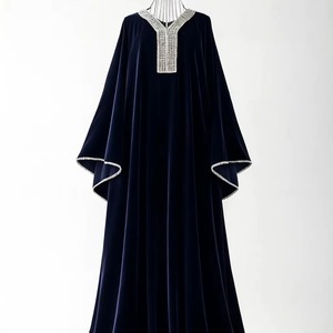 Vestidos Casuales de Terciopelo Azul Oscuro para Mujer, Transpirables, Elegantes, con Cuello Bordado, Estilo Farasha Abaya, Holgados, Talla Grande, Manga Larga - Product Image 2