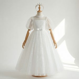 Nouvelle Robe de Cérémonie Blanche en Tulle pour Petites Filles, Manches Courtes Bouffantes, Col Illusion en Dentelle, Style Robe de Bal, Collection Boutiques - Product Image 1