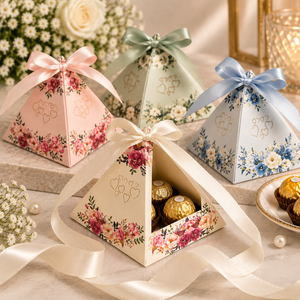 Boîte cadeau pyramidale florale personnalisée avec nœud en ruban, boîte d'emballage de luxe pour dragées de mariage, chocolats et bonbons, emballage cadeau haut de gamme - Product Image 5