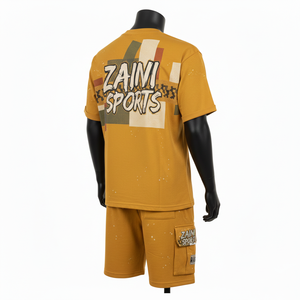 ชุดเสื้อยืดและกางเกงขาสั้นผู้ชาย ผ้าคอตตอนเจอร์ซีย์พรีเมียม GSM เนื้อนุ่ม ระบายอากาศได้ดี สีมัสตาร์ด พิมพ์ลายสกรีน โลโก้สั่งทำได้ - Product Image 5