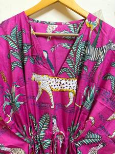 Women's Pink Floral Print Cotton Maxi <b>Kaftan</b> Dress | V-neck Batwing Sleeve Eco-Friendly Breathable Safari <b>Beach</b> Cover-Up Boho - Product Image 4
