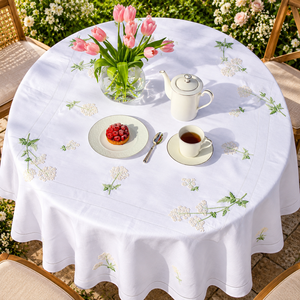Botanical Wildflower Embroidered Cotton Round Tablecloth Elegant Hemstitch <b>Table</b> <b>Cover</b> for Wedding Banquet & Garden Party - Product Image 2