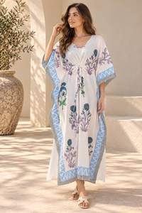 White Printed <b>Bohemian</b> Kaftan for Women Blue Geometric Trim Purple Floral Motifs V Neck <b>Maxi</b> <b>Dress</b> 100% Cotton Breathable - Product Image 5