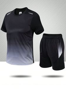 Men's Gradient Color Short Sleeve Sporty Jersey Front <b>Logo</b> O-Neck Quick Dry Breathable Regular Fit Knitted Polyester T-Shirt - Product Image 3