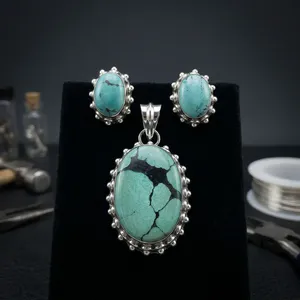 Authentic Tibetan Turquoise 925 Sterling Silver Pendant <b>Earrings</b> Set Oval Cabochon Bohemian Vintage Women's Jewelry Gift - Product Image 2
