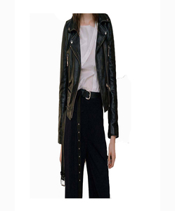 Women's Black PU Leather Woven Outdoor Moto Jacket Full Sleeve <b>Zipper</b> Closure Turn-down Collar Autumn Style - Product Image 2