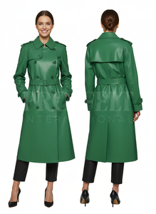 Manteau trench classique gris en cuir PU pour femme, double boutonnage, manches longues, col rabattu, imperméable - Product Image 2