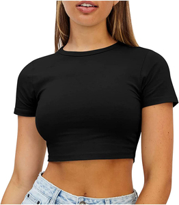 Vente en gros d'usine, t-shirt court pour femme, col montant, coupe ajustée, avec logo personnalisé, tissu velours, fabriqué au Pakistan - Product Image 5