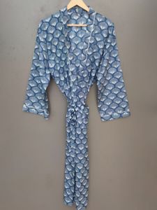 Robe kimono bleue à imprimé coquillage avec nœud devant |   Chemise à manches longues style bohème |   Robe de plage élégante pour l'été - Product Image 1