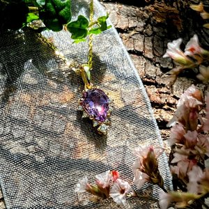 จี้สร้อยคอทรงหยดน้ำมรกตแบบวินเทจประดับอะเมทิสต์ครึ่งวงกลม เงินแท้ 925 ชุบทอง 14K เครื่องประดับประจำเดือนเกิด - Product Image 3