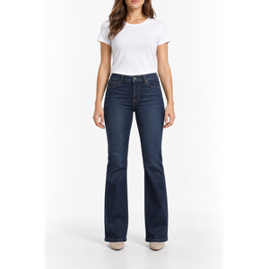 Jeans de mezclilla de mujer de tiro medio, corte bootcut, índigo oscuro, ajuste skinny, logo bordado, estilo ancho, tallas XS-6XL, OEM, marca privada - Product Image 1