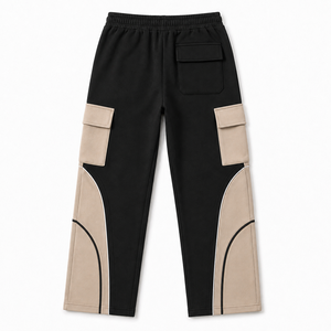 Customizable Heavyweight 100% Cotton Fleece Lining Drawstring Closure Cargo Jogger Pants Utility Pockets Contrast Panels for Men - Product Image 2