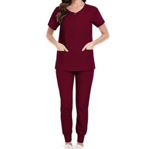 Custom Women's <b>Maroon</b> Scrub Set Short Sleeve <b>Top</b> With Zipper And Jogger Pants Hospital Uniform Knitted Cotton Polyester Stretchy - Product Image 1