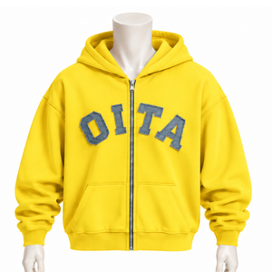 Sudadera con capucha amarilla para hombre, con cremallera, forro polar grueso, apliques de letras en chenilla, estilo urbano, holgada, con bolsillos canguro - Product Image 1