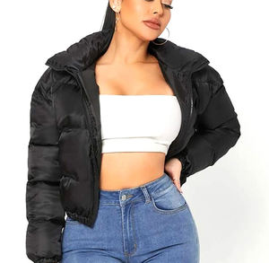 Chaqueta Acolchada Negra para Mujer, Manga Larga, Cuello Alto, Cierre de Cremallera, Abrigo Grueso de Invierno, Color Sólido, Relleno de Poliéster - Product Image 3