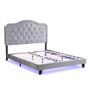 Letto in Velluto Grigio Chiaro con LED, Design Curvo Trapuntato a Bottoni, Facile Montaggio, Robusto Supporto a Doghe in Legno, Letti Imbottiti - Product Image 4