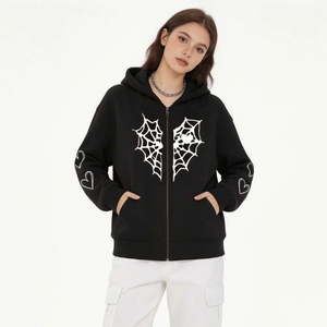 Women <b>Gothic</b> Spider Web Print Hoodie Black Full Sleeve Zipper Front Pocket Loose Fit Autumn Wear - Product Image 2