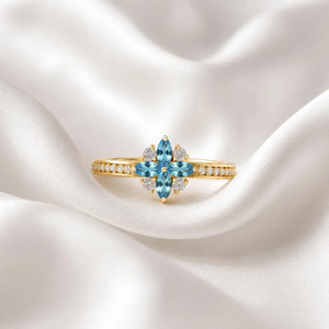 Bague en topaze bleu ciel, pierre de naissance de décembre, coupe marquise, motif floral, en argent sterling 925 et plaqué or 18 carats, élégante pour mariage - Product Image 1