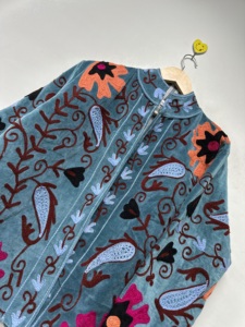 Floral Embroidered Knitted <b>Velvet</b> Bomber <b>Jacket</b> <b>Women</b> Vintage O Neck Full Sleeve Breathable Open Stitch Casual Winter Thick - Product Image 2