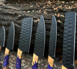 Hand Forged Carbon Steel Chef <b>Knives</b> <b>Set</b> With Wood Handles Japanese Style Hammered Finish Full Tang <b>Knives</b> 8-9.9in Right Hand - Product Image 2